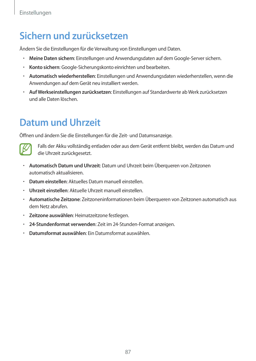 Samsung GT-S6010BBADBT manual Sichern und zurücksetzen, Datum und Uhrzeit 
