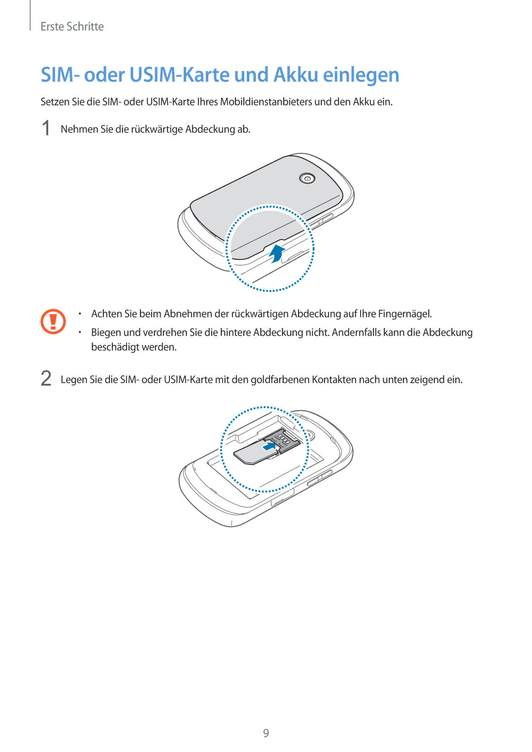 Samsung GT-S6010BBADBT manual SIM- oder USIM-Karte und Akku einlegen 