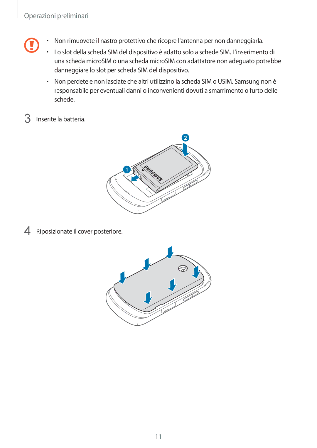 Samsung GT-S6010RWAITV, GT-S6010BBAITV manual Operazioni preliminari 