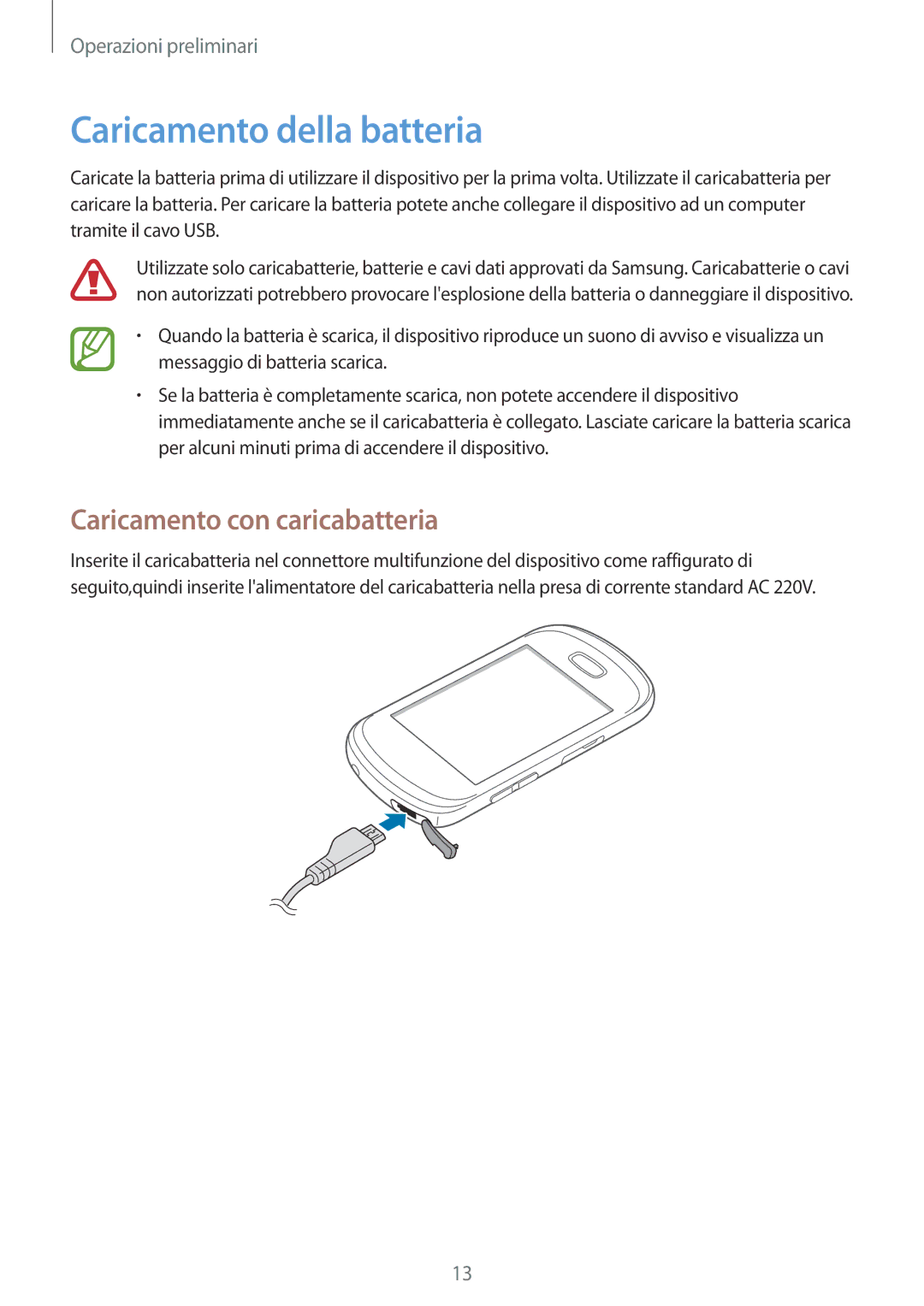 Samsung GT-S6010RWAITV, GT-S6010BBAITV manual Caricamento della batteria, Caricamento con caricabatteria 