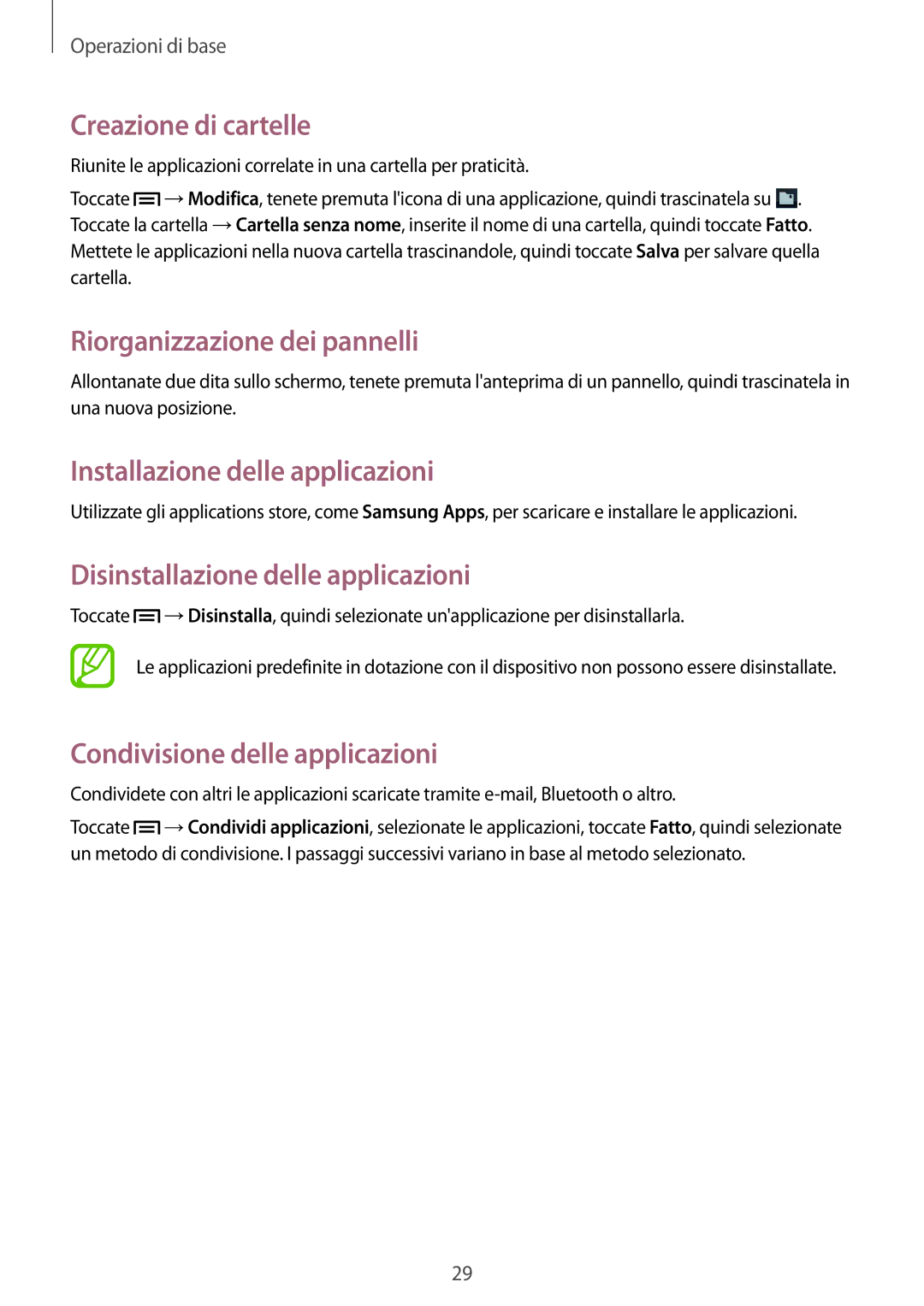 Samsung GT-S6010RWAITV manual Creazione di cartelle, Installazione delle applicazioni, Disinstallazione delle applicazioni 