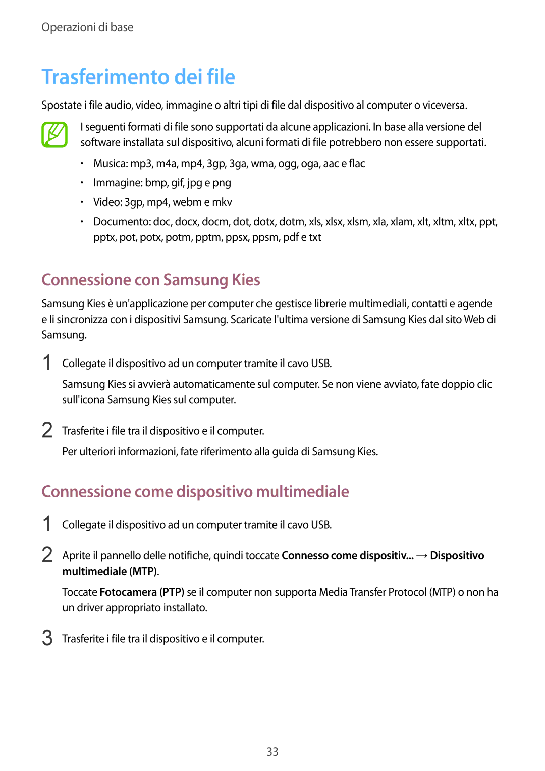 Samsung GT-S6010RWAITV Trasferimento dei file, Connessione con Samsung Kies, Connessione come dispositivo multimediale 