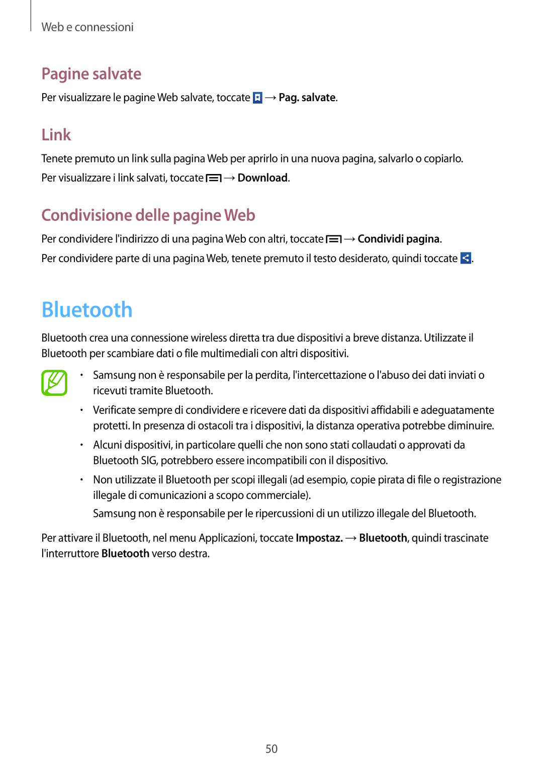 Samsung GT-S6010BBAITV, GT-S6010RWAITV manual Bluetooth, Pagine salvate, Link, Condivisione delle pagine Web 