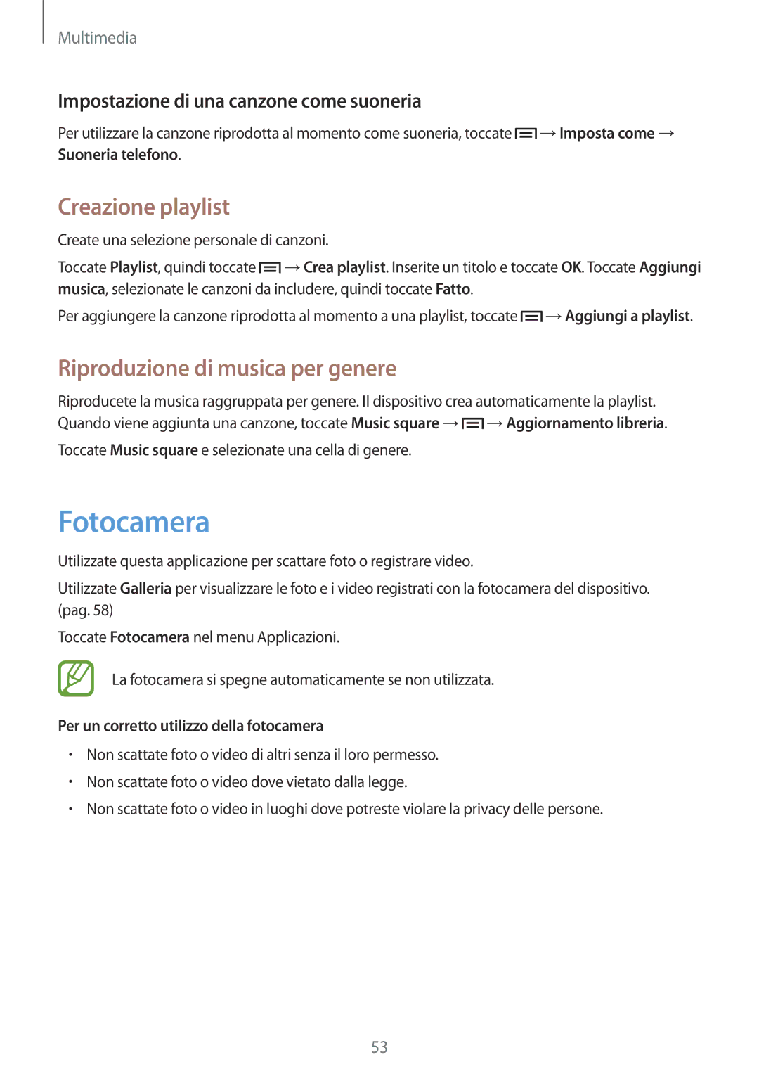 Samsung GT-S6010RWAITV, GT-S6010BBAITV manual Fotocamera, Creazione playlist, Riproduzione di musica per genere 