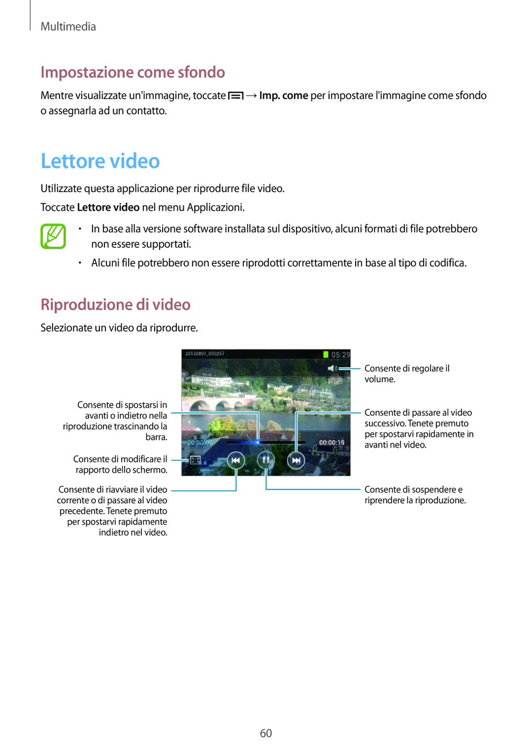 Samsung GT-S6010BBAITV, GT-S6010RWAITV manual Lettore video, Impostazione come sfondo, Riproduzione di video 