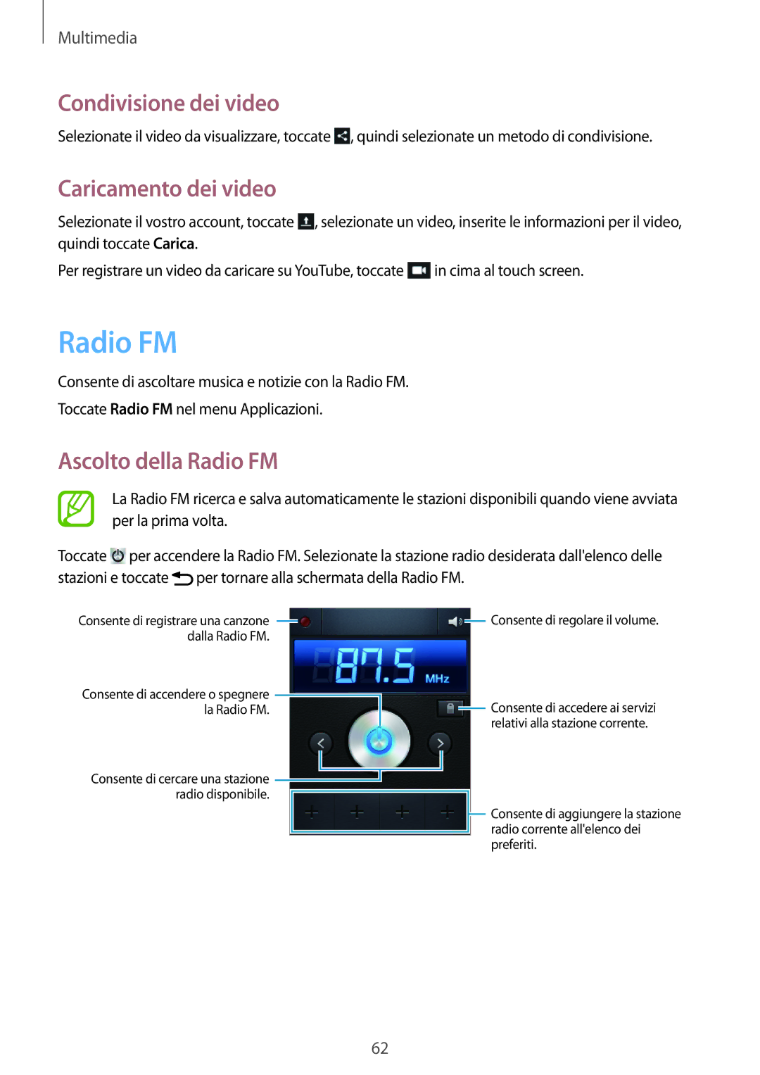 Samsung GT-S6010BBAITV, GT-S6010RWAITV manual Caricamento dei video, Ascolto della Radio FM 