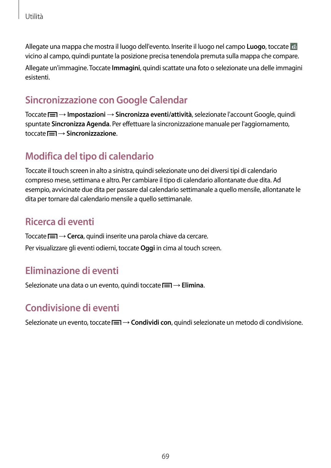 Samsung GT-S6010RWAITV manual Sincronizzazione con Google Calendar, Modifica del tipo di calendario, Ricerca di eventi 