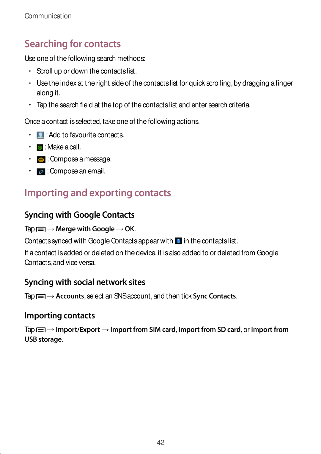 Samsung GT-S6012ZYASEB manual Searching for contacts, Importing and exporting contacts, Syncing with Google Contacts 