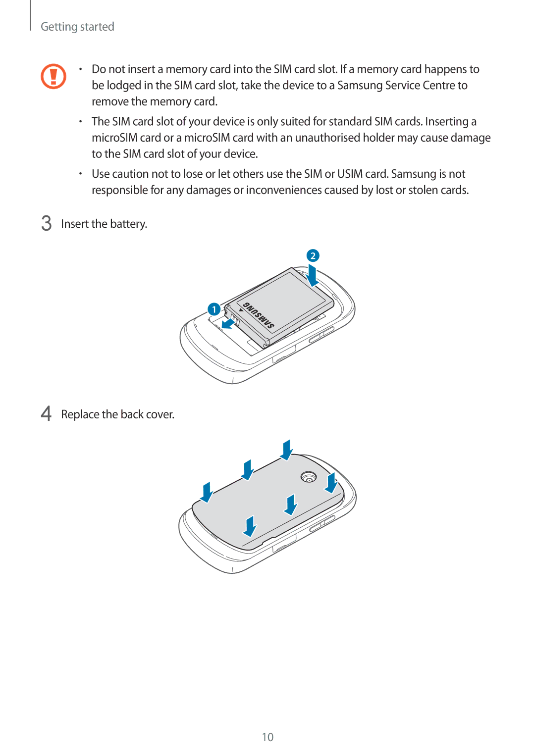 Samsung GT-S6012ZYASEB, GT-S6012BBASEB, GT-S6012RWASEB, GT-S6012BBAEUR manual Insert the battery Replace the back cover 