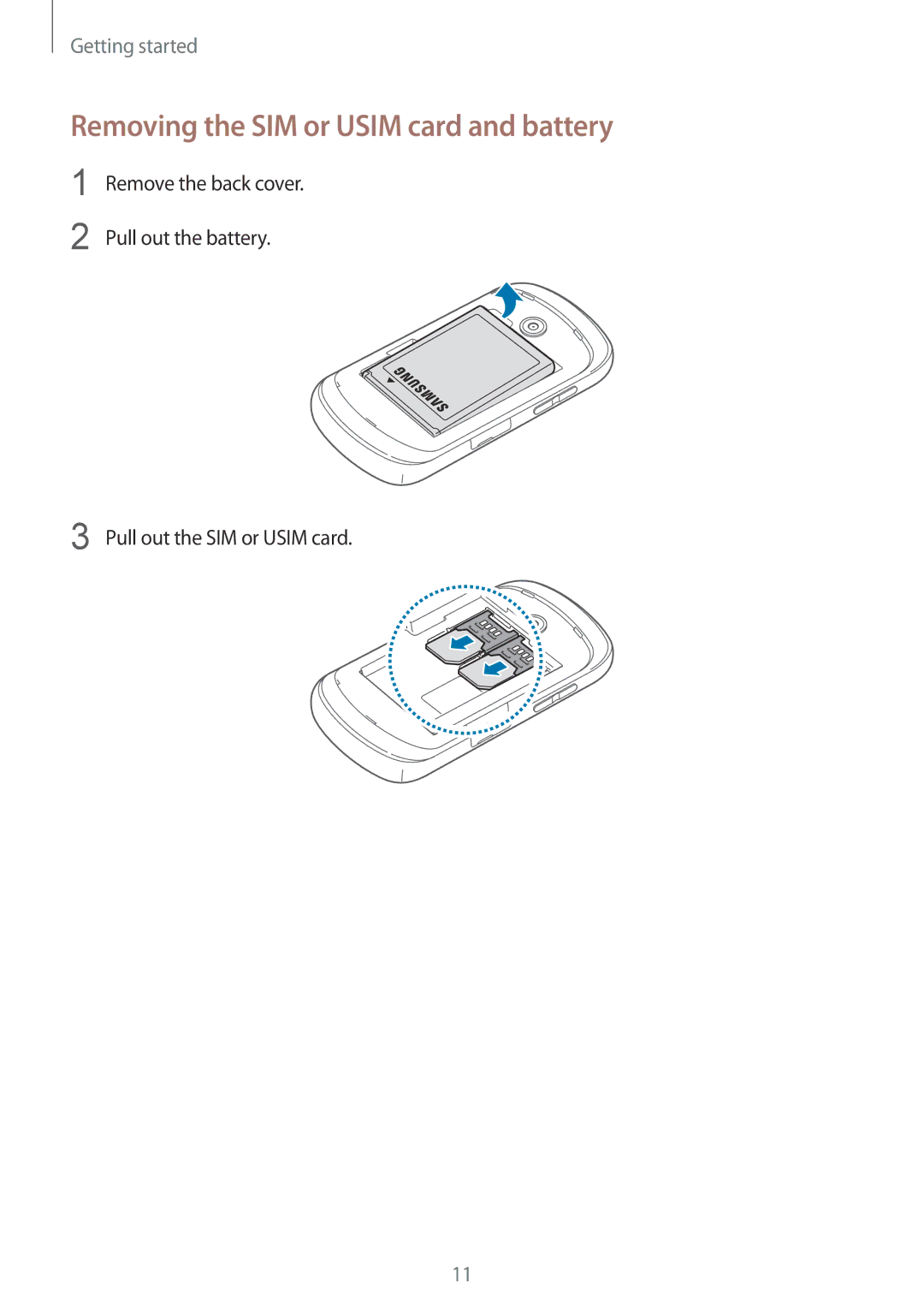 Samsung GT-S6012BBAEUR, GT-S6012BBASEB, GT-S6012RWASEB, GT-S6012ZYASEB manual Removing the SIM or Usim card and battery 