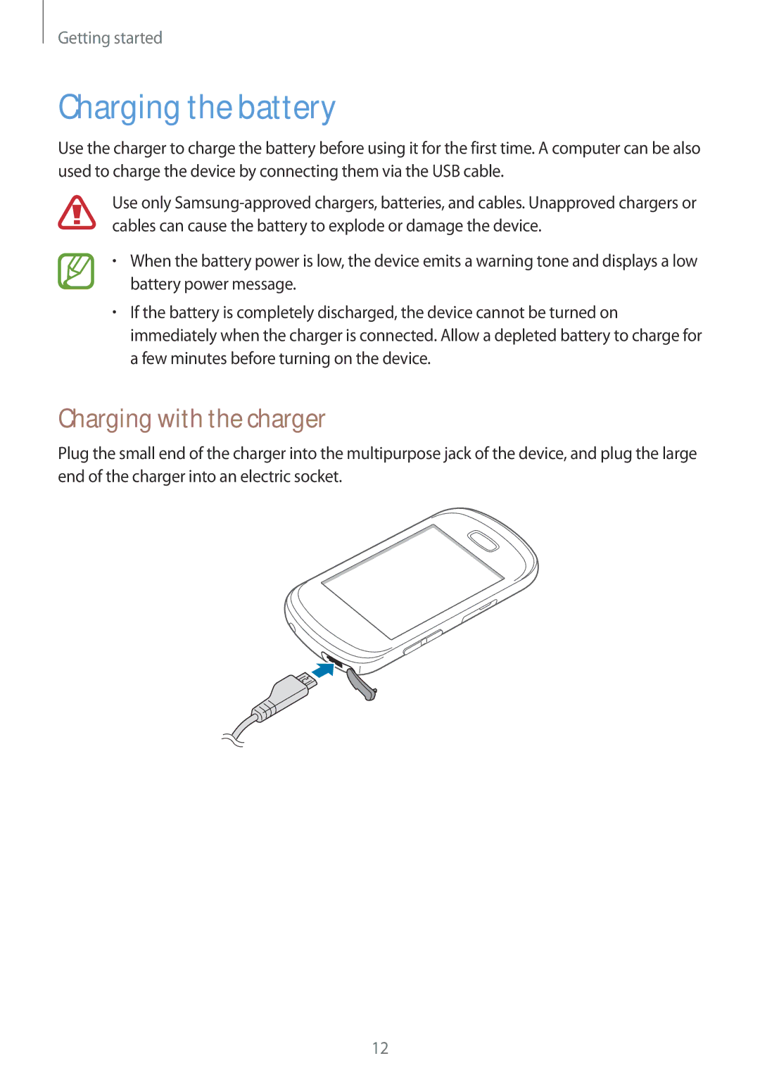 Samsung GT-S6012RWAEUR, GT-S6012BBASEB, GT-S6012RWASEB, GT-S6012ZYASEB manual Charging the battery, Charging with the charger 