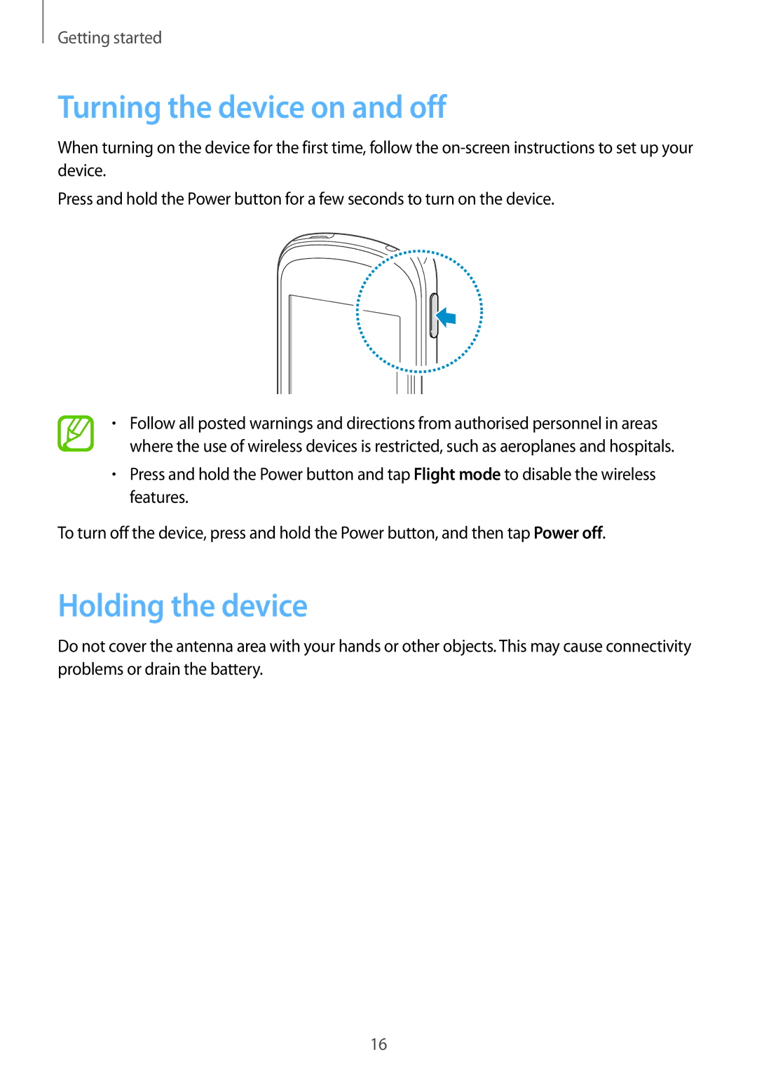 Samsung GT-S6012BBASEB, GT-S6012RWASEB, GT-S6012ZYASEB, GT-S6012BBAEUR Turning the device on and off, Holding the device 