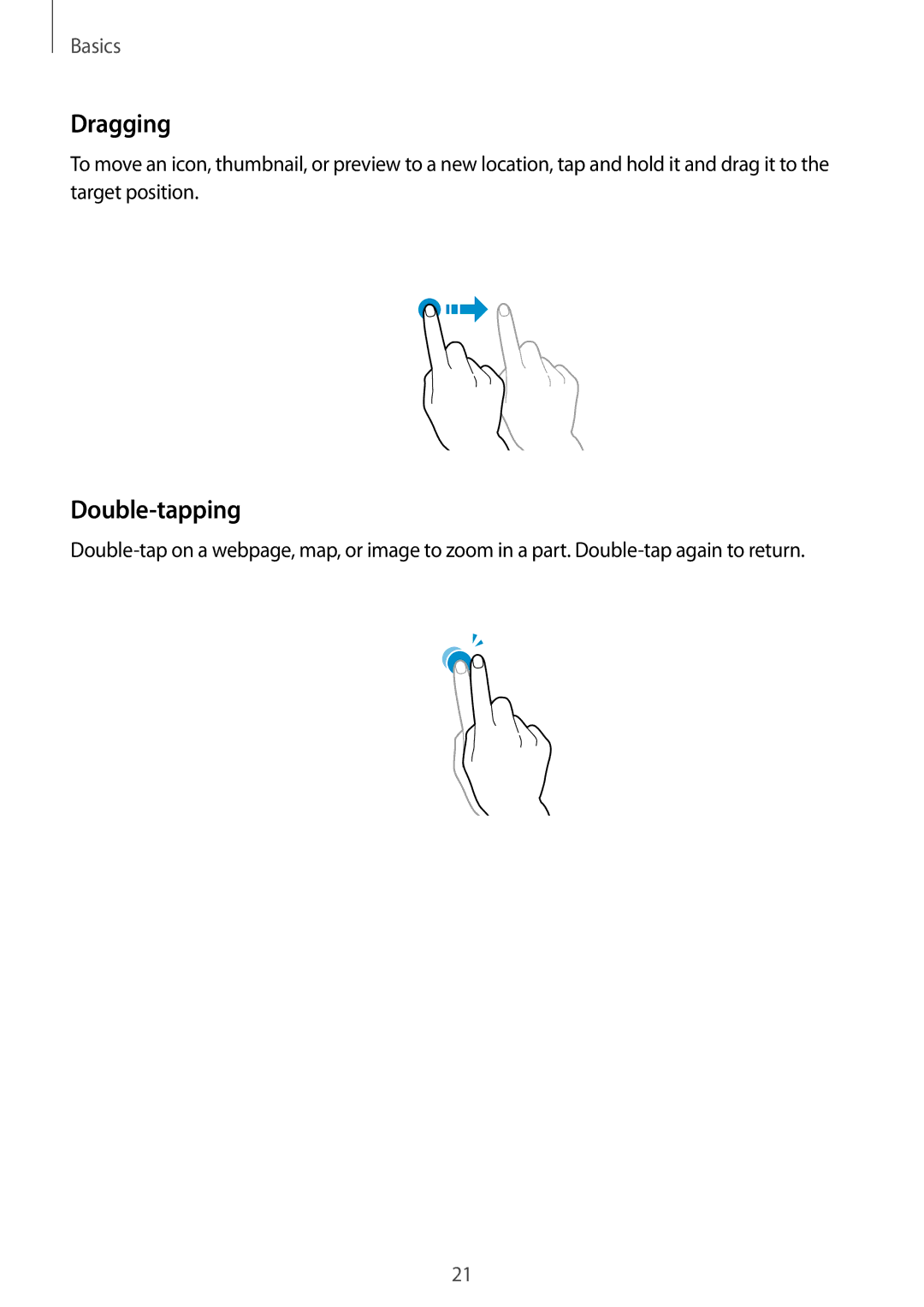 Samsung GT-S6012BBASER, GT-S6012BBASEB, GT-S6012RWASEB, GT-S6012ZYASEB, GT-S6012BBAEUR manual Dragging, Double-tapping 