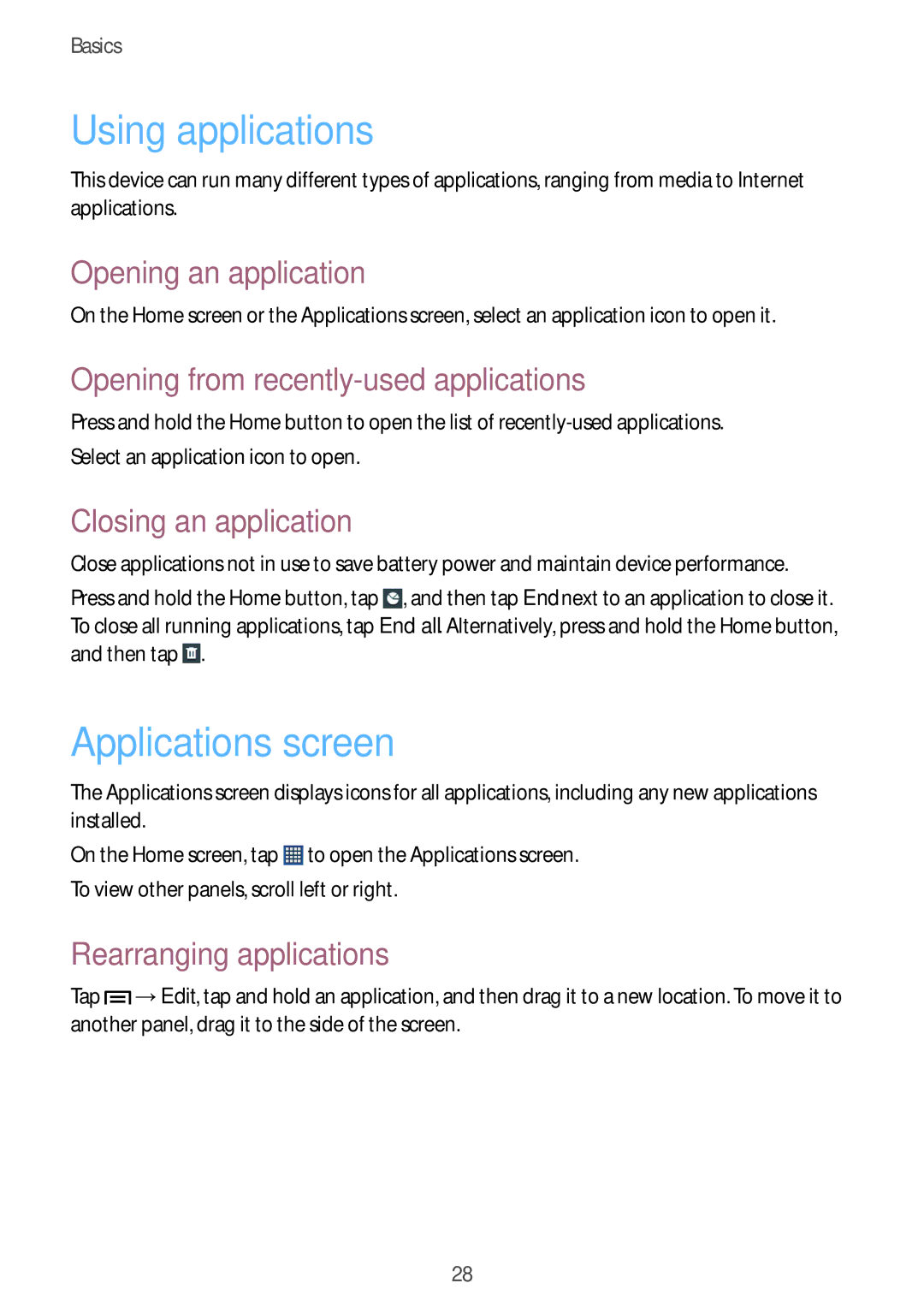 Samsung GT-S6012RWAEUR, GT-S6012BBASEB, GT-S6012RWASEB, GT-S6012ZYASEB manual Using applications, Applications screen 