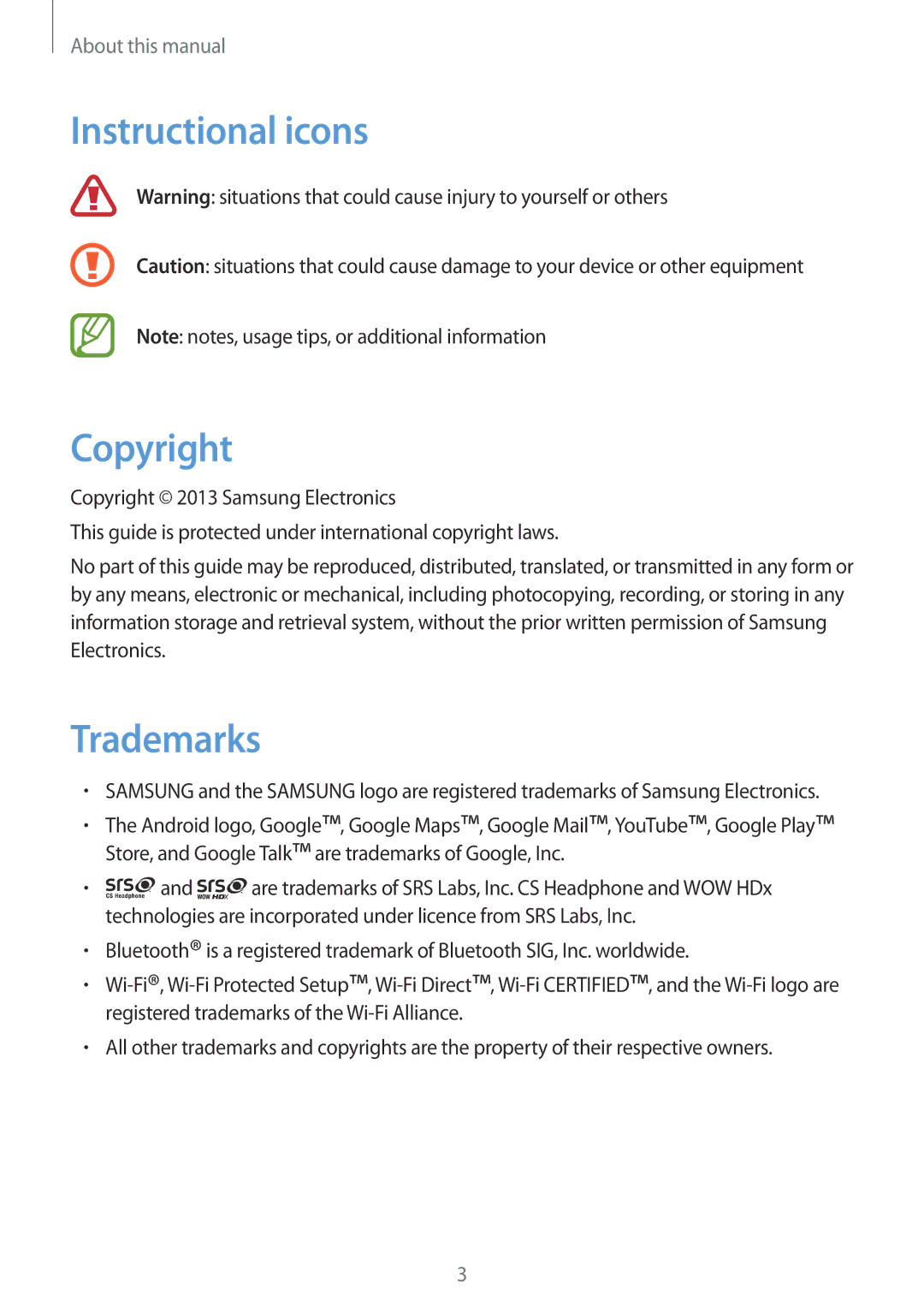 Samsung GT-S6012BBAEUR, GT-S6012BBASEB, GT-S6012RWASEB, GT-S6012ZYASEB manual Instructional icons Copyright, Trademarks 