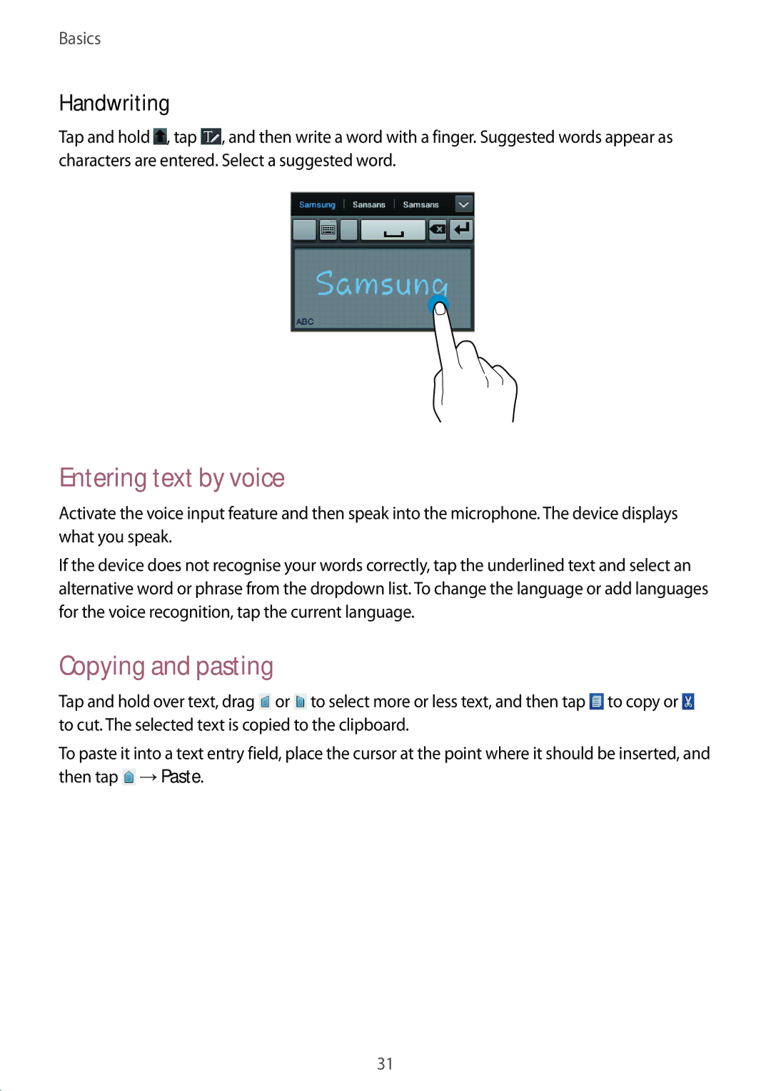 Samsung GT-S6012ZYASER, GT-S6012BBASEB, GT-S6012RWASEB manual Entering text by voice, Copying and pasting, Handwriting 