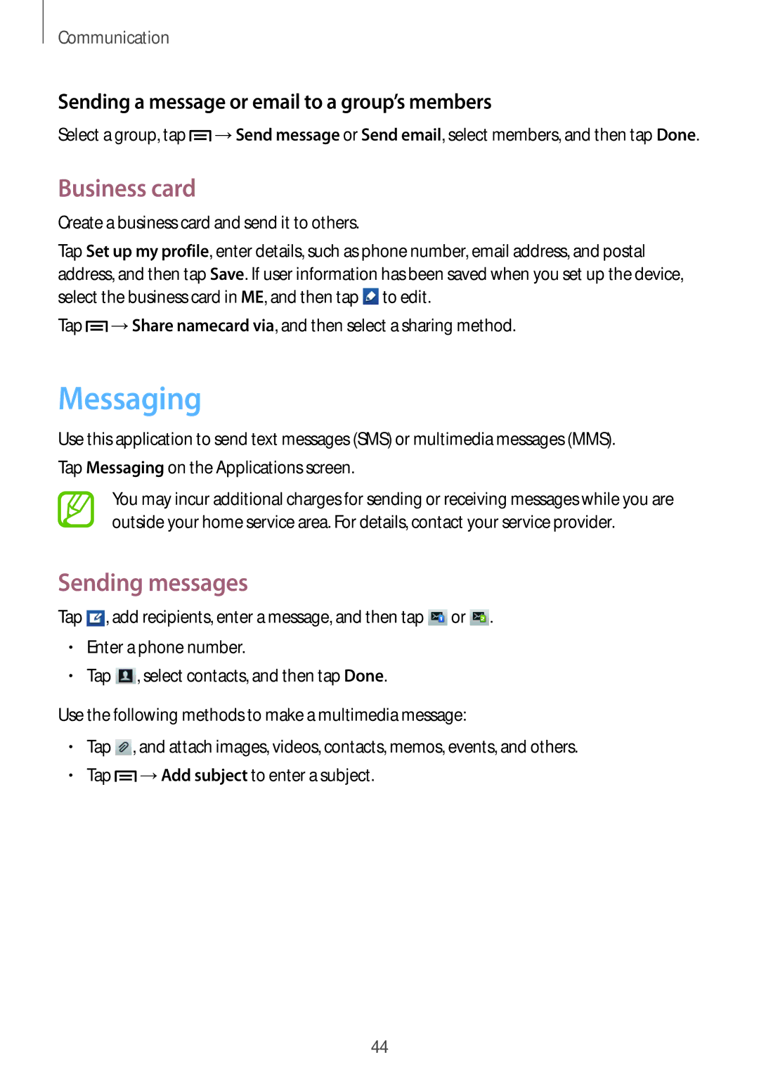 Samsung GT-S6012RWAEUR manual Messaging, Business card, Sending messages, Sending a message or email to a group’s members 