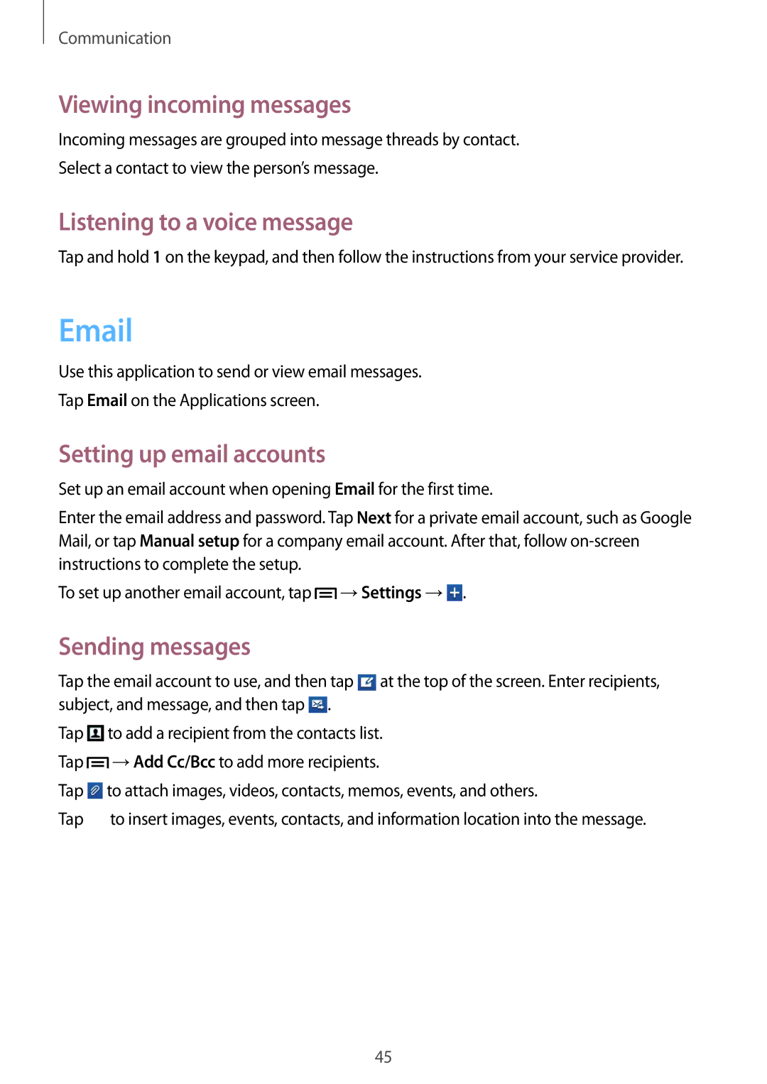 Samsung GT-S6012BBASER, GT-S6012BBASEB Viewing incoming messages, Listening to a voice message, Setting up email accounts 