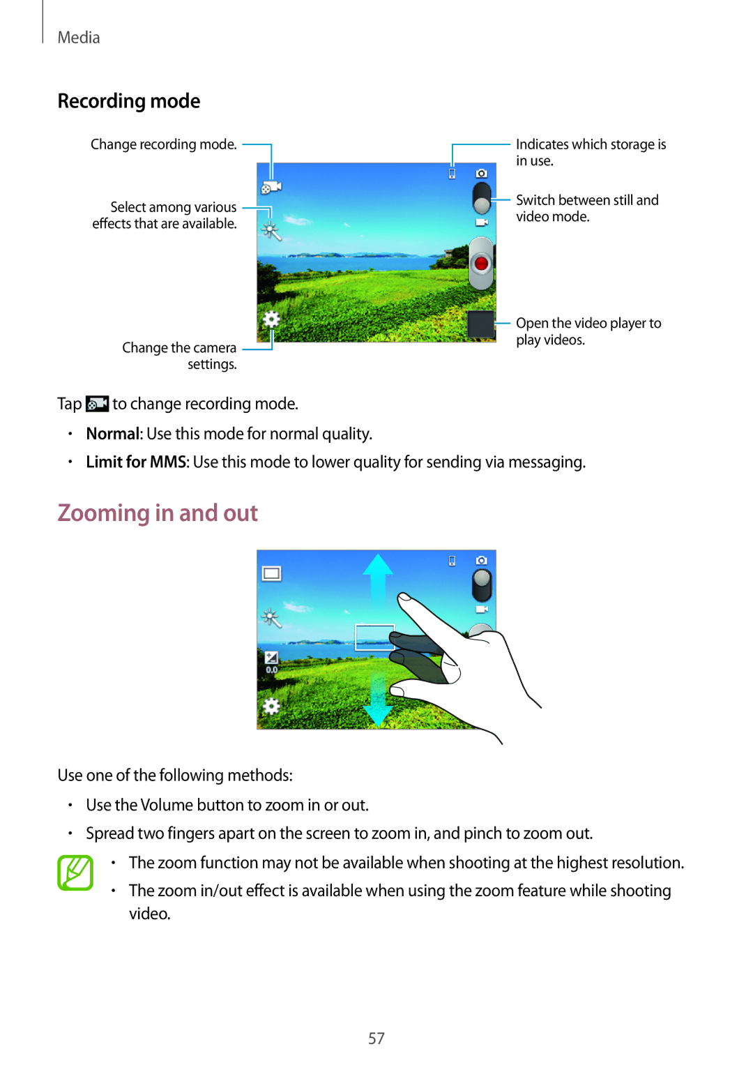 Samsung GT-S6012RWASEB, GT-S6012BBASEB, GT-S6012ZYASEB, GT-S6012BBAEUR, GT-S6012RWAEUR Zooming in and out, Recording mode 