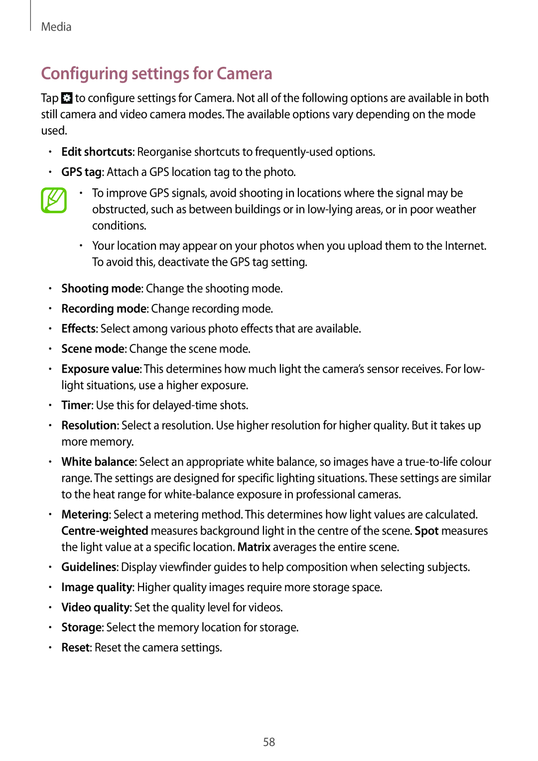 Samsung GT-S6012ZYASEB, GT-S6012BBASEB, GT-S6012RWASEB, GT-S6012BBAEUR, GT-S6012RWAEUR manual Configuring settings for Camera 