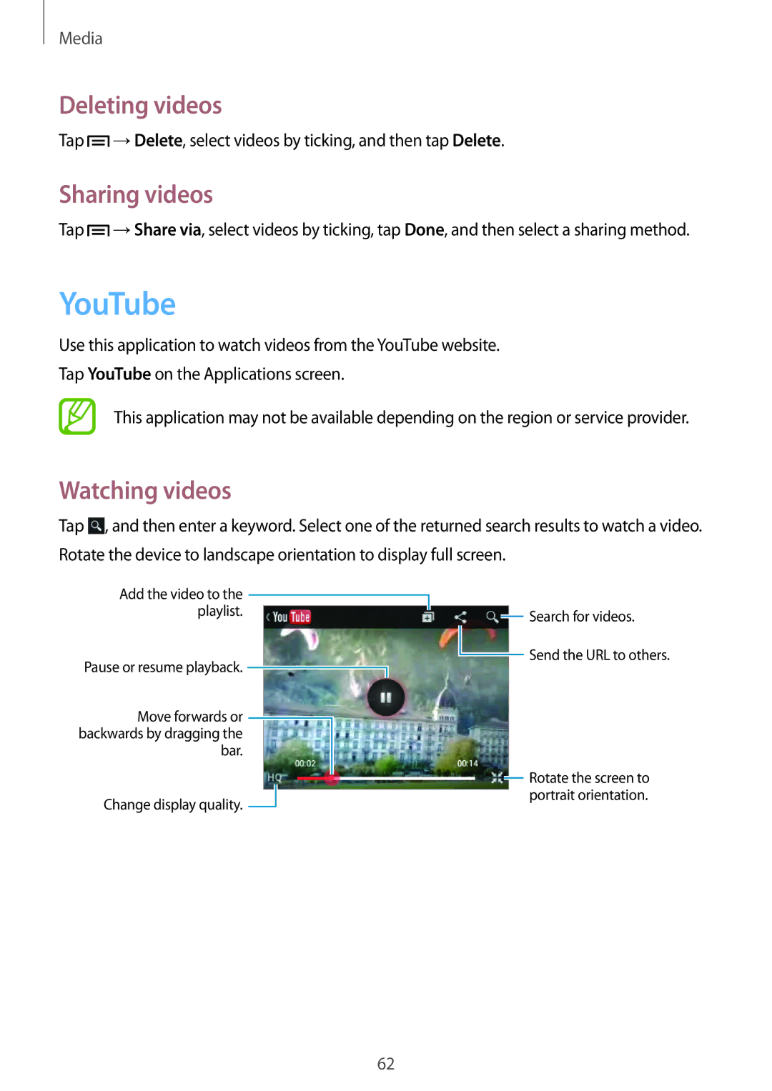 Samsung GT-S6012RWASER, GT-S6012BBASEB, GT-S6012RWASEB manual YouTube, Deleting videos, Sharing videos, Watching videos 