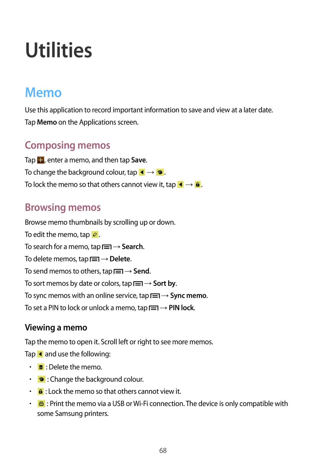 Samsung GT-S6012RWAEUR, GT-S6012BBASEB, GT-S6012RWASEB Utilities, Memo, Composing memos, Browsing memos, Viewing a memo 