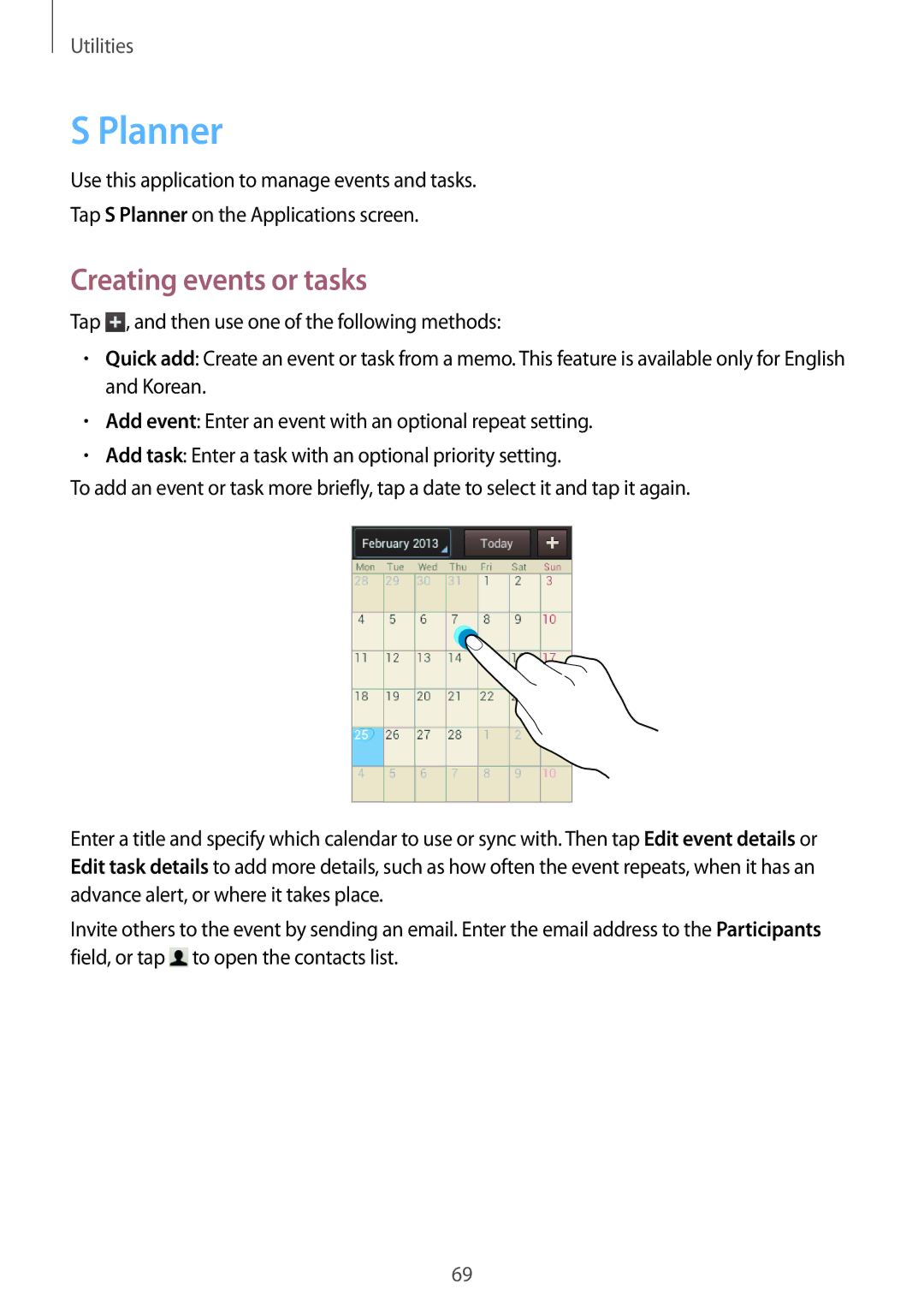 Samsung GT-S6012BBASER, GT-S6012BBASEB, GT-S6012RWASEB, GT-S6012ZYASEB, GT-S6012BBAEUR manual Planner, Creating events or tasks 