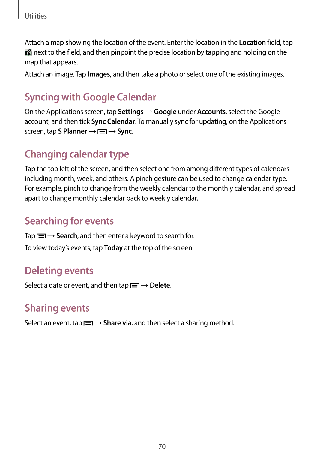 Samsung GT-S6012RWASER manual Syncing with Google Calendar, Changing calendar type, Searching for events, Deleting events 