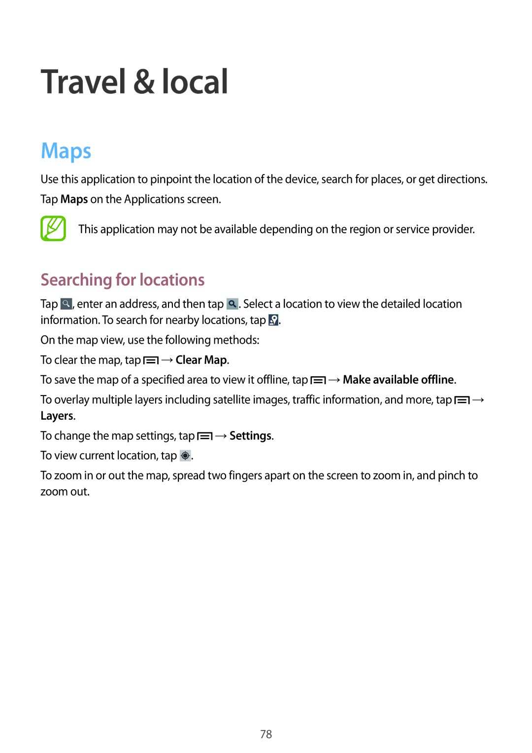 Samsung GT-S6012RWASER, GT-S6012BBASEB, GT-S6012RWASEB, GT-S6012ZYASEB manual Travel & local, Maps, Searching for locations 