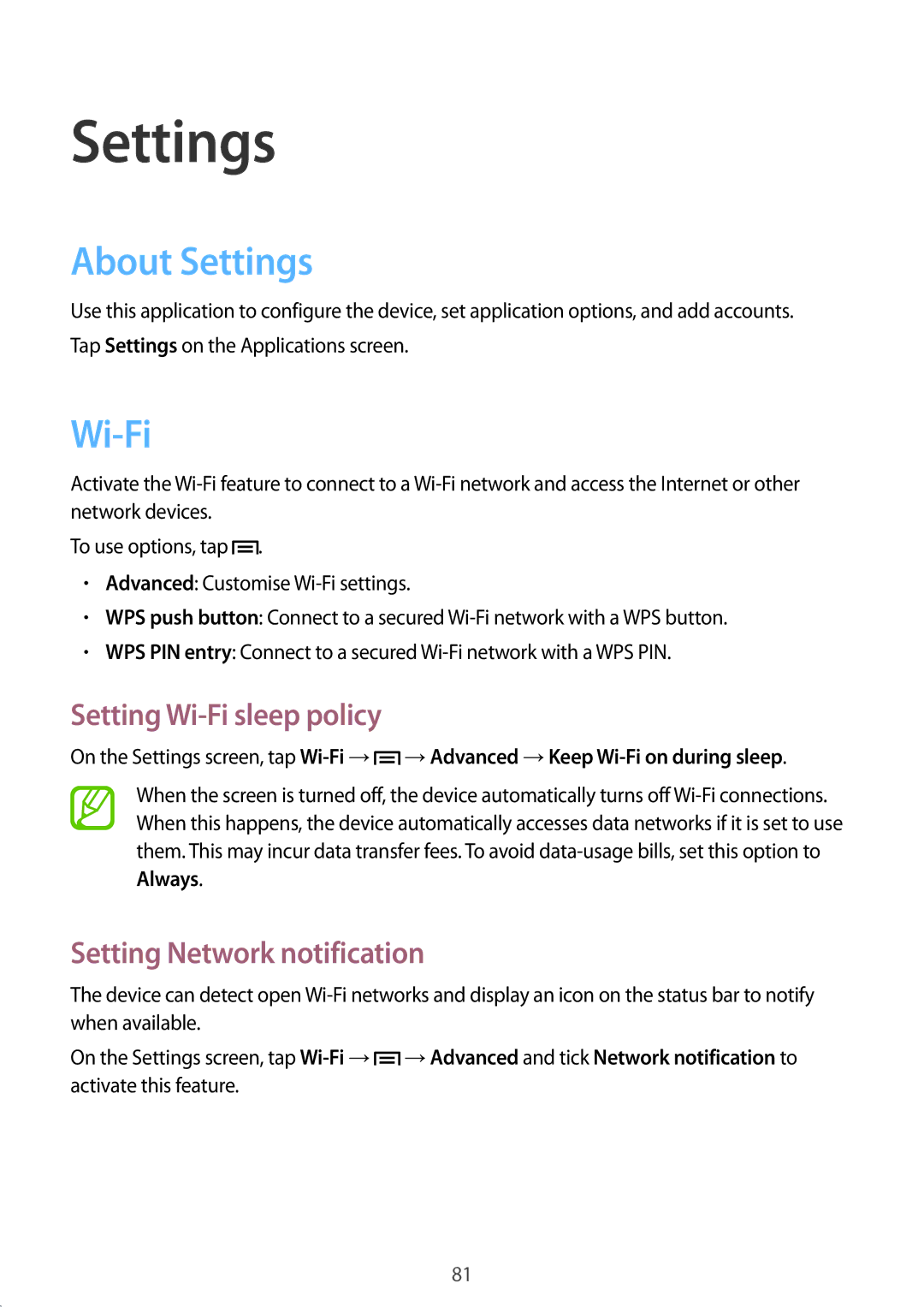 Samsung GT-S6012RWASEB, GT-S6012BBASEB About Settings, Setting Wi-Fi sleep policy, Setting Network notification 