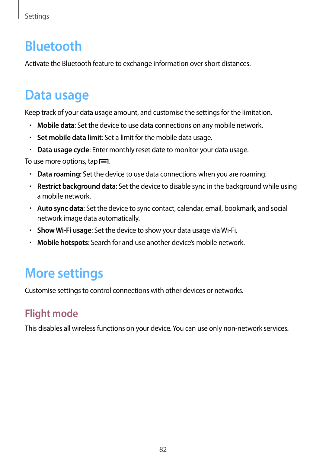 Samsung GT-S6012ZYASEB, GT-S6012BBASEB, GT-S6012RWASEB, GT-S6012BBAEUR, GT-S6012RWAEUR Data usage, More settings, Flight mode 