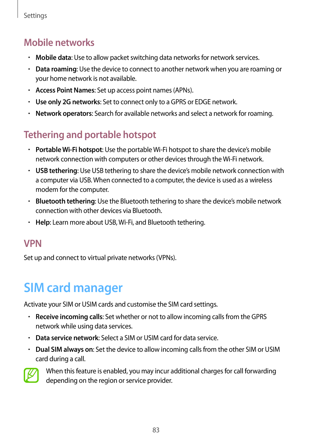 Samsung GT-S6012BBAEUR, GT-S6012BBASEB, GT-S6012RWASEB SIM card manager, Mobile networks, Tethering and portable hotspot 