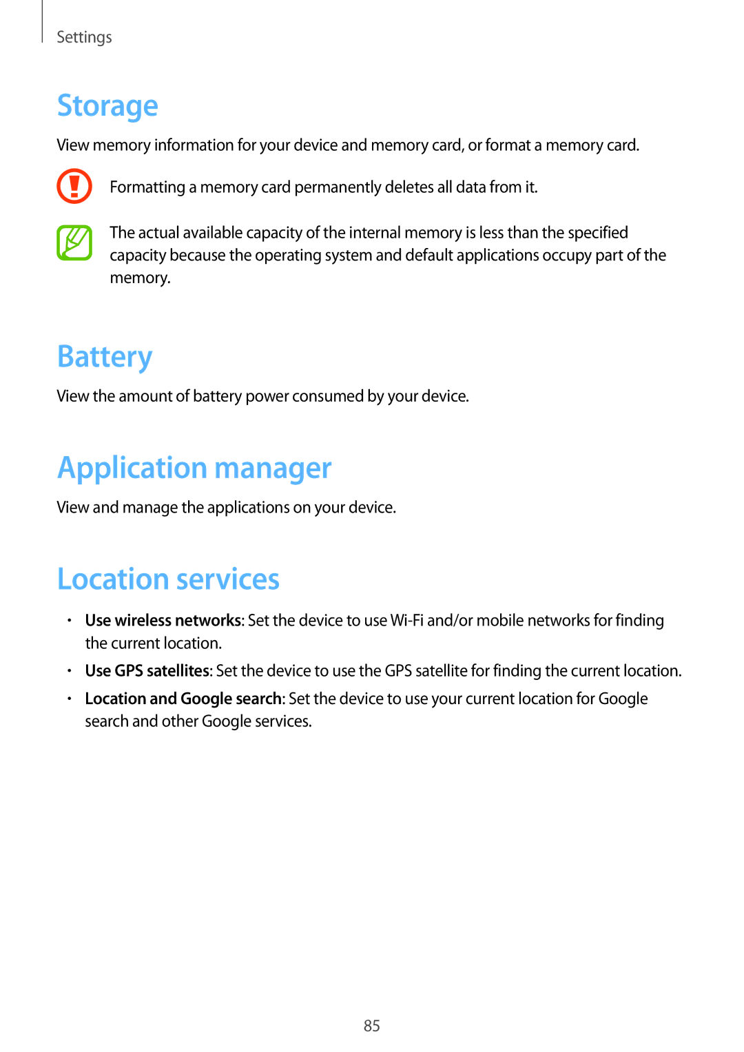 Samsung GT-S6012BBASER, GT-S6012BBASEB, GT-S6012RWASEB manual Storage, Battery, Application manager, Location services 