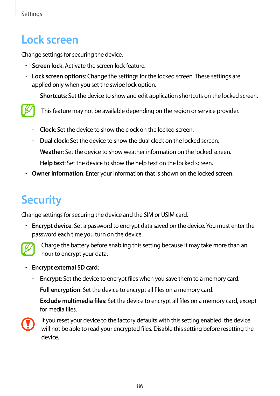 Samsung GT-S6012RWASER, GT-S6012BBASEB, GT-S6012RWASEB, GT-S6012ZYASEB manual Lock screen, Security, Encrypt external SD card 