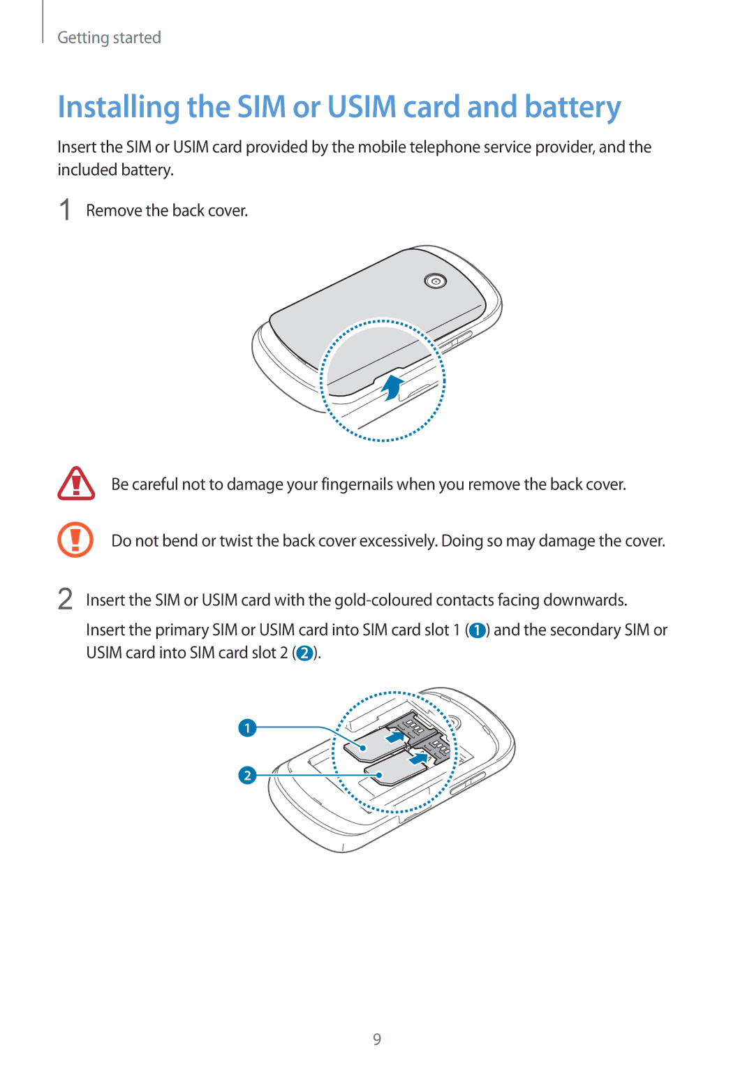 Samsung GT-S6012RWASEB, GT-S6012BBASEB, GT-S6012ZYASEB, GT-S6012BBAEUR manual Installing the SIM or Usim card and battery 