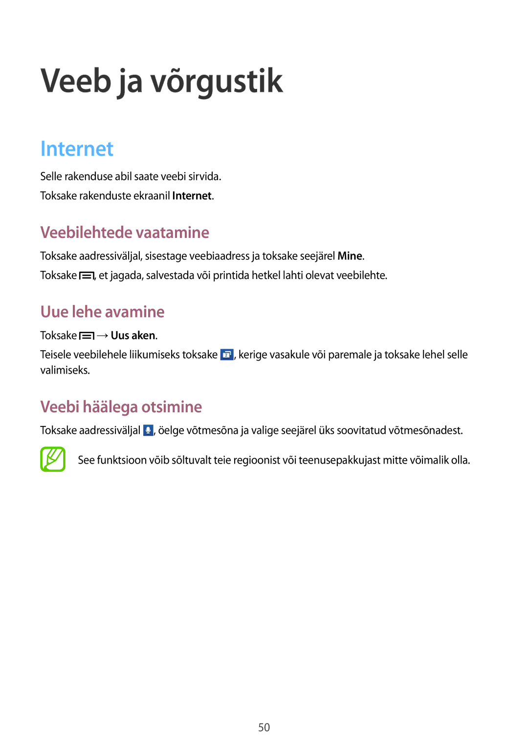 Samsung GT-S6012ZYASEB manual Veeb ja võrgustik, Internet, Veebilehtede vaatamine, Uue lehe avamine, Veebi häälega otsimine 