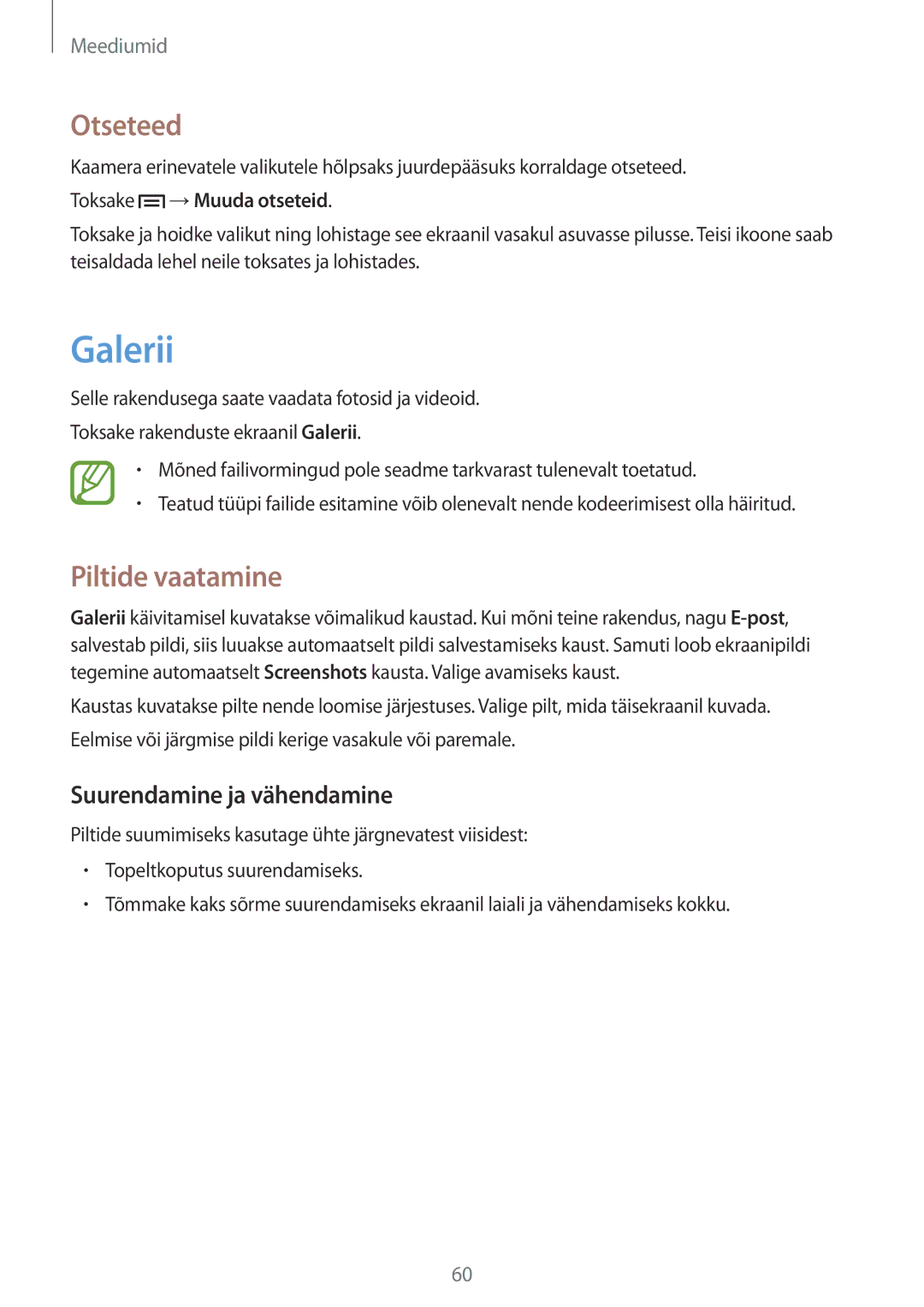 Samsung GT-S6012BBASEB manual Galerii, Otseteed, Piltide vaatamine, Suurendamine ja vähendamine, Toksake →Muuda otseteid 