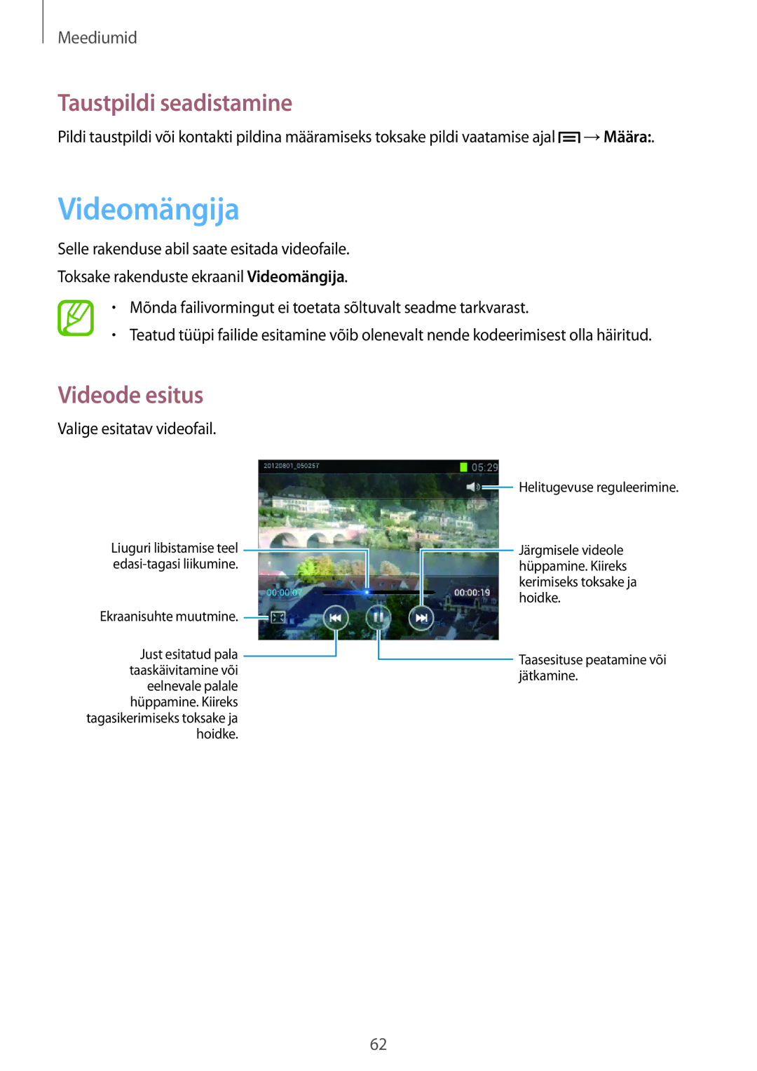 Samsung GT-S6012ZYASEB, GT-S6012BBASEB, GT-S6012RWASEB manual Videomängija, Valige esitatav videofail 