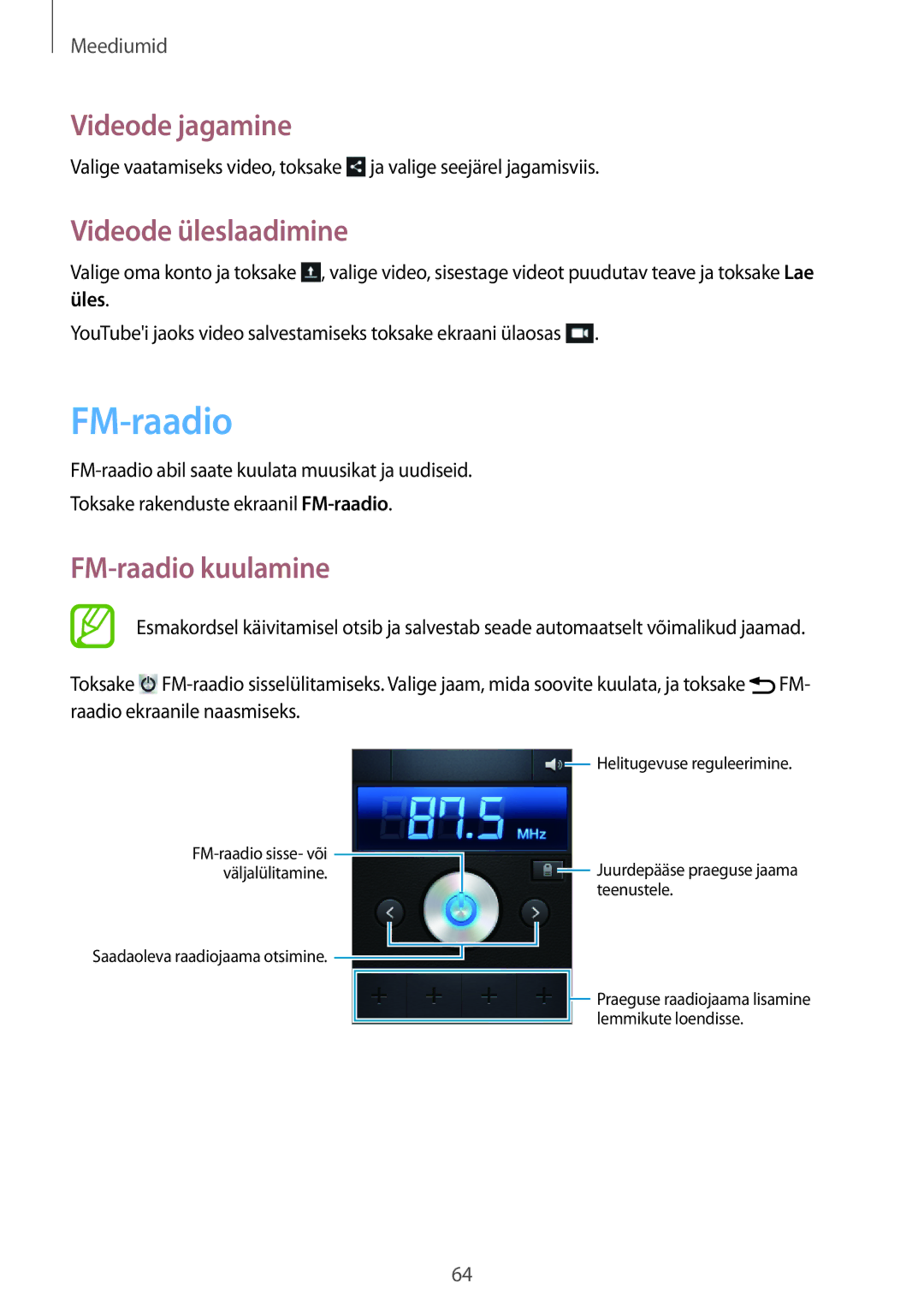 Samsung GT-S6012RWASEB, GT-S6012BBASEB, GT-S6012ZYASEB manual Videode üleslaadimine, FM-raadio kuulamine 