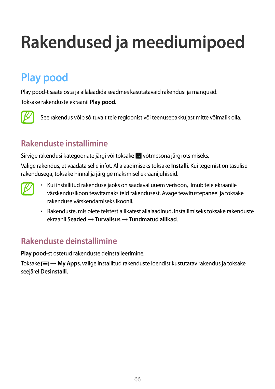 Samsung GT-S6012BBASEB, GT-S6012RWASEB, GT-S6012ZYASEB manual Rakendused ja meediumipoed, Play pood 