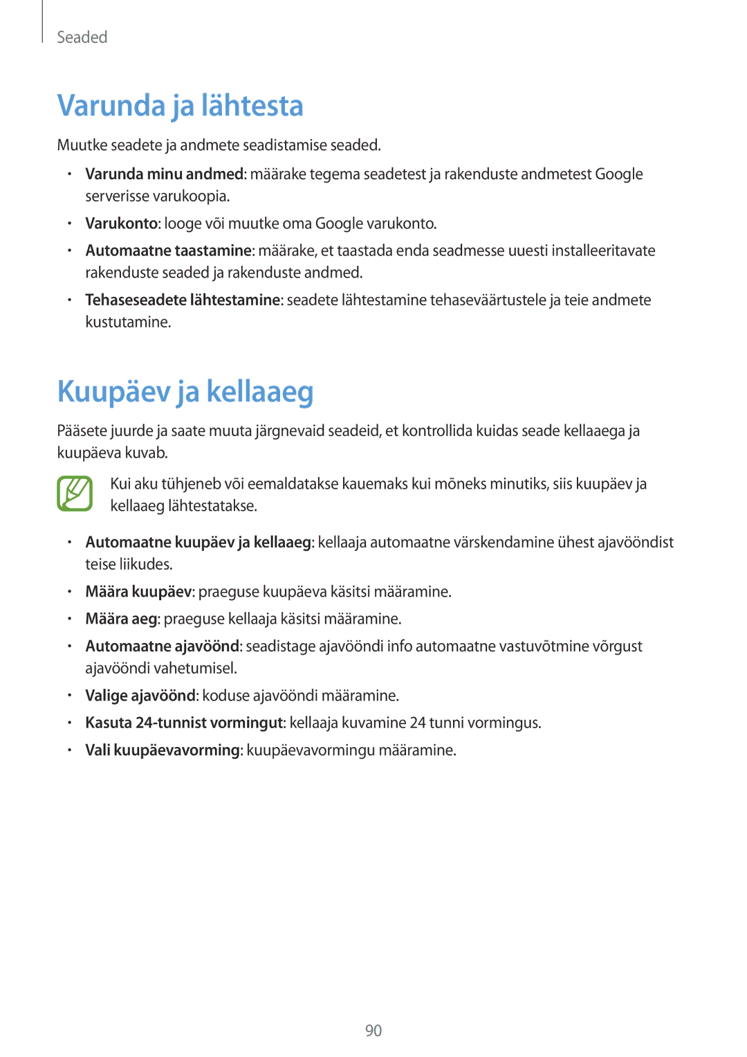 Samsung GT-S6012BBASEB, GT-S6012RWASEB, GT-S6012ZYASEB manual Varunda ja lähtesta, Kuupäev ja kellaaeg 