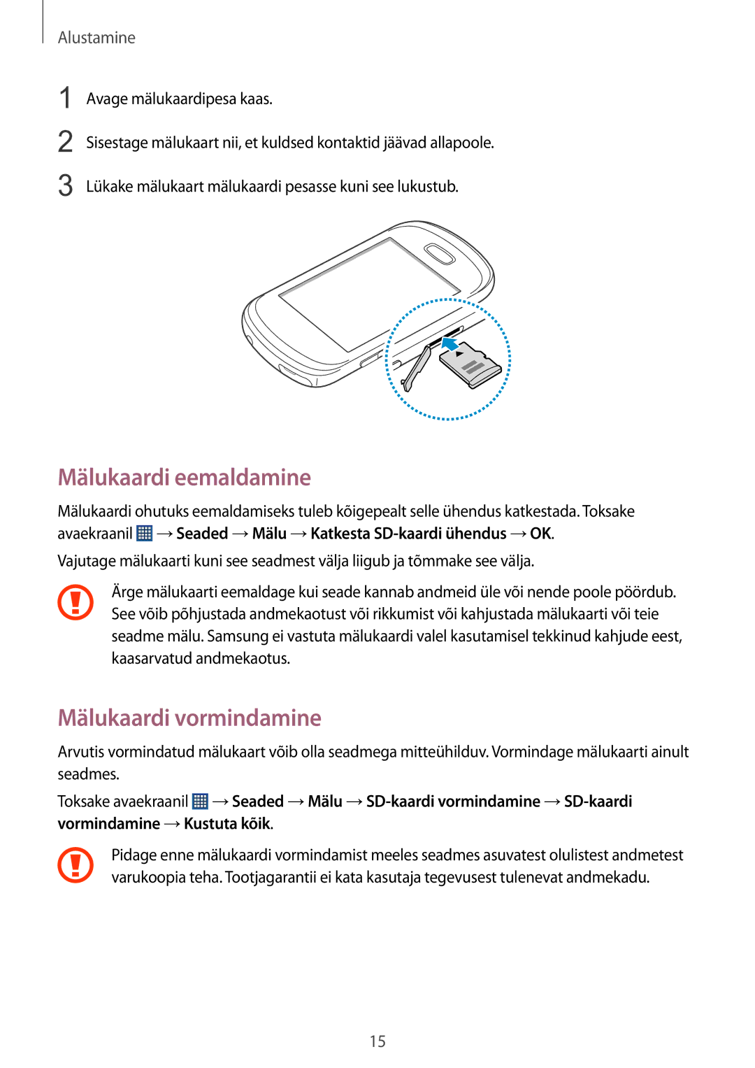 Samsung GT-S6012BBASEB, GT-S6012RWASEB, GT-S6012ZYASEB manual Mälukaardi eemaldamine, Mälukaardi vormindamine 