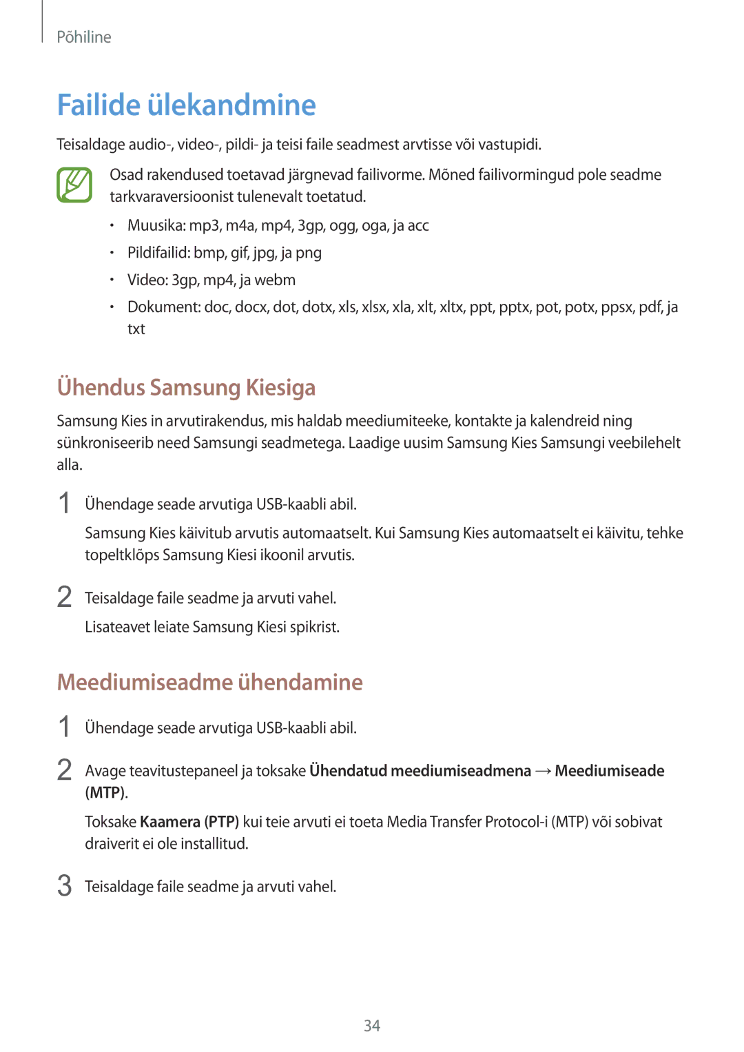 Samsung GT-S6012RWASEB, GT-S6012BBASEB manual Failide ülekandmine, Ühendus Samsung Kiesiga, Meediumiseadme ühendamine 