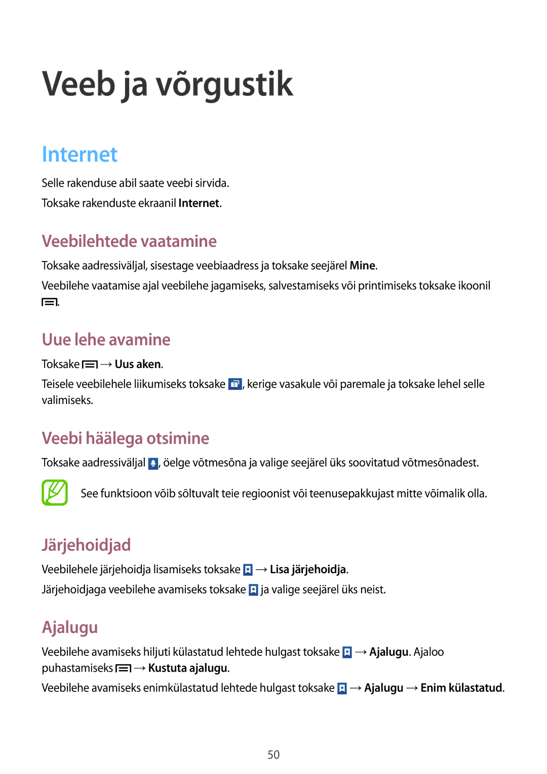 Samsung GT-S6012ZYASEB, GT-S6012BBASEB, GT-S6012RWASEB manual Veeb ja võrgustik, Internet 