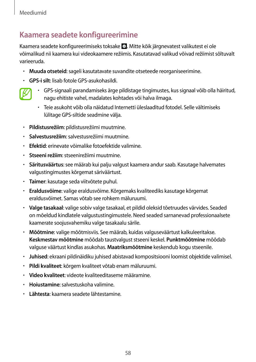 Samsung GT-S6012RWASEB, GT-S6012BBASEB, GT-S6012ZYASEB manual Kaamera seadete konfigureerimine 