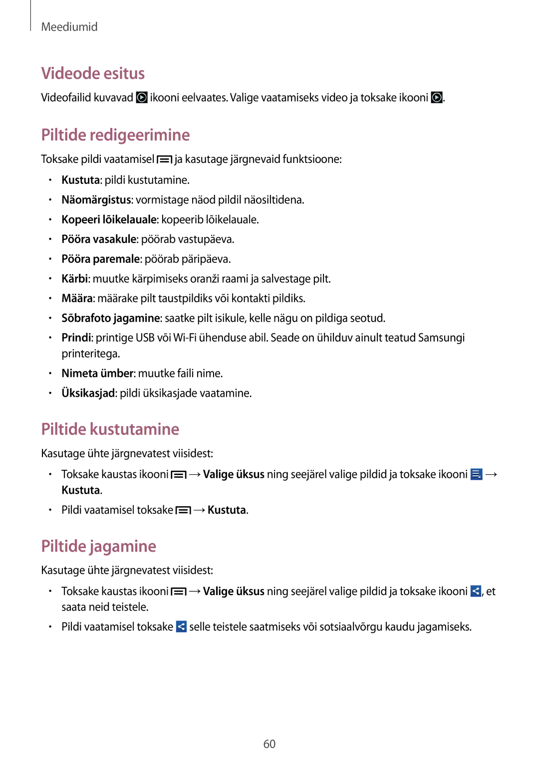 Samsung GT-S6012BBASEB, GT-S6012RWASEB manual Videode esitus, Piltide redigeerimine, Piltide kustutamine, Piltide jagamine 