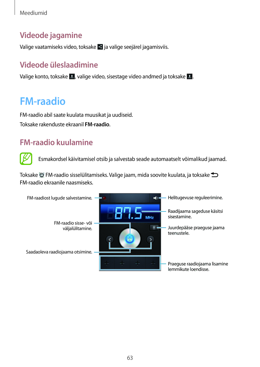 Samsung GT-S6012BBASEB, GT-S6012RWASEB, GT-S6012ZYASEB manual Videode üleslaadimine, FM-raadio kuulamine 