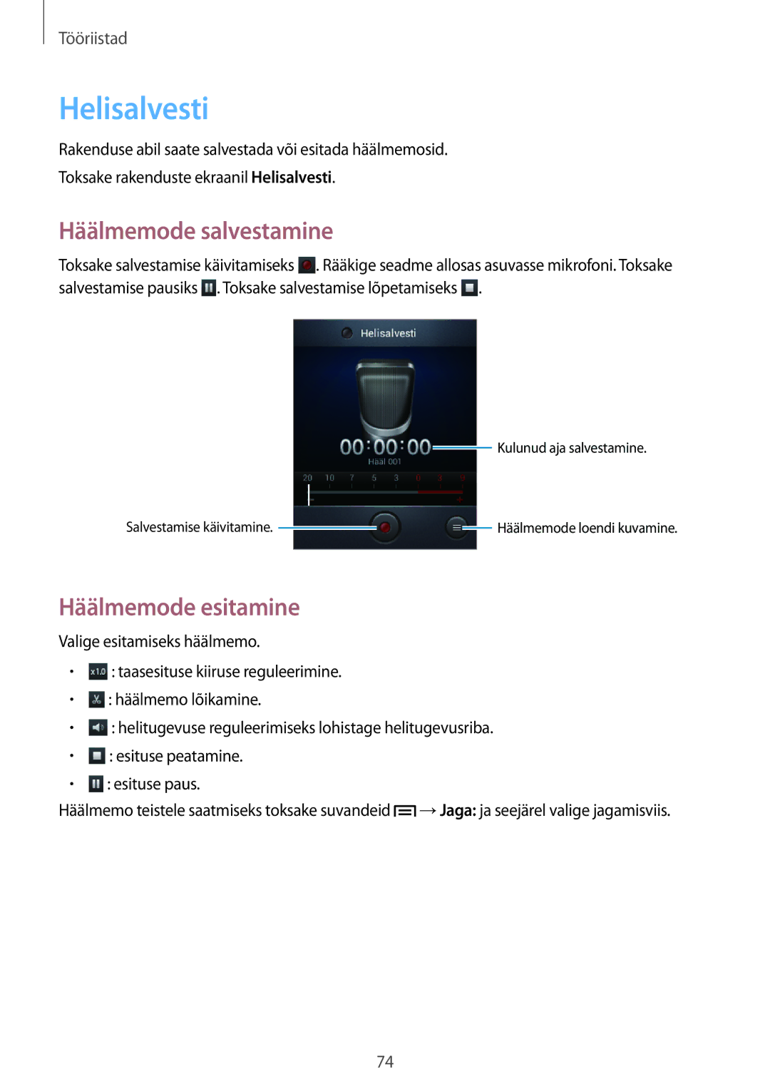 Samsung GT-S6012ZYASEB, GT-S6012BBASEB, GT-S6012RWASEB manual Helisalvesti, Häälmemode salvestamine, Häälmemode esitamine 