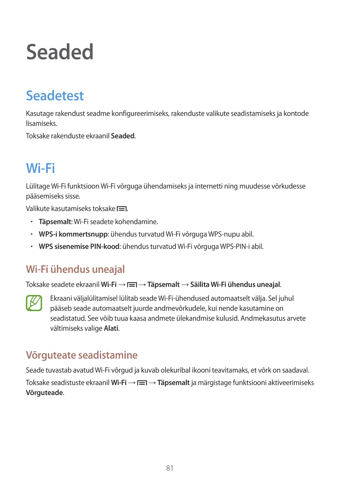 Samsung GT-S6012BBASEB, GT-S6012RWASEB manual Seaded, Seadetest, Wi-Fi ühendus uneajal, Võrguteate seadistamine 
