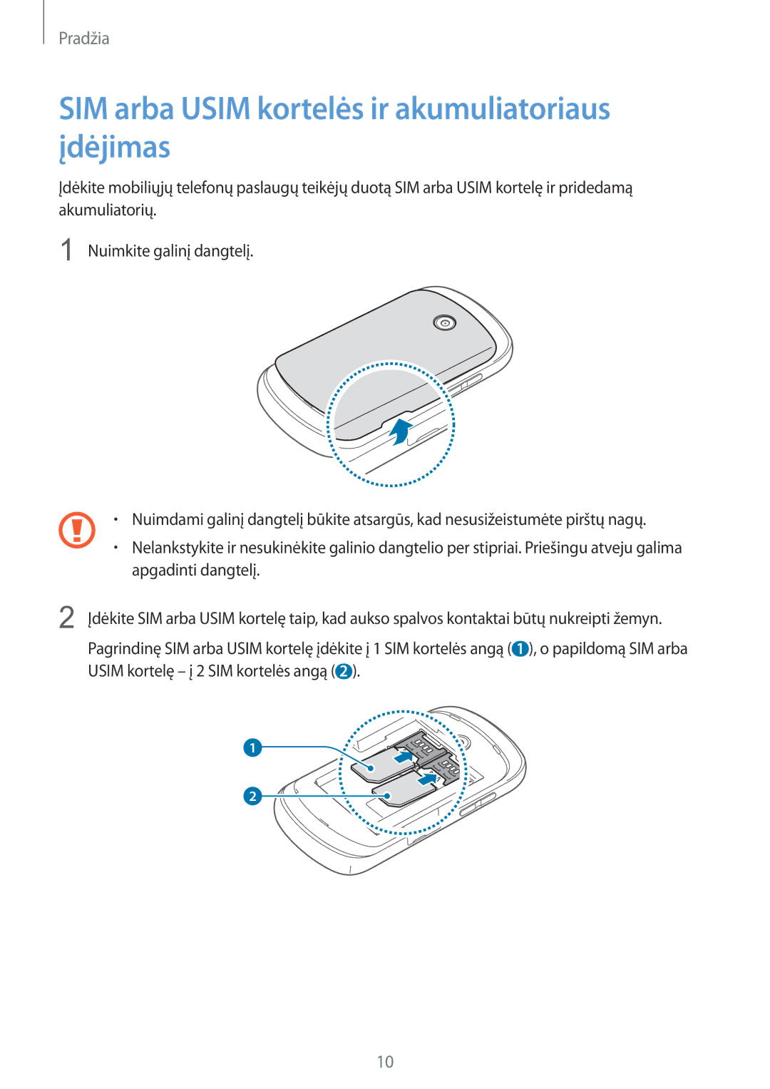 Samsung GT-S6012RWASEB, GT-S6012BBASEB, GT-S6012ZYASEB manual SIM arba Usim kortelės ir akumuliatoriaus įdėjimas 